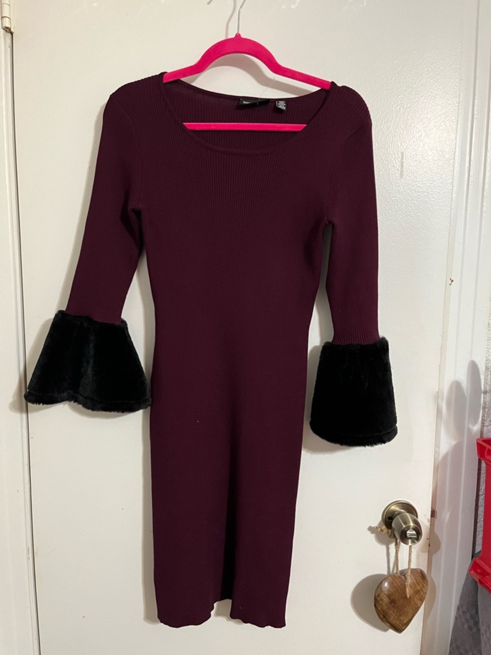 Knit sweater dress with fur  bell sleeves